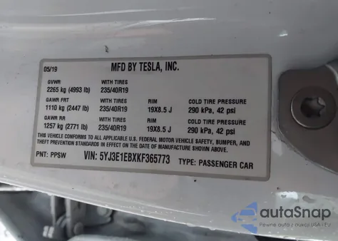 2019 Tesla Model 3 Long Range/Performance from USA, damaged, VIN 5YJ3E1EBXKF365773